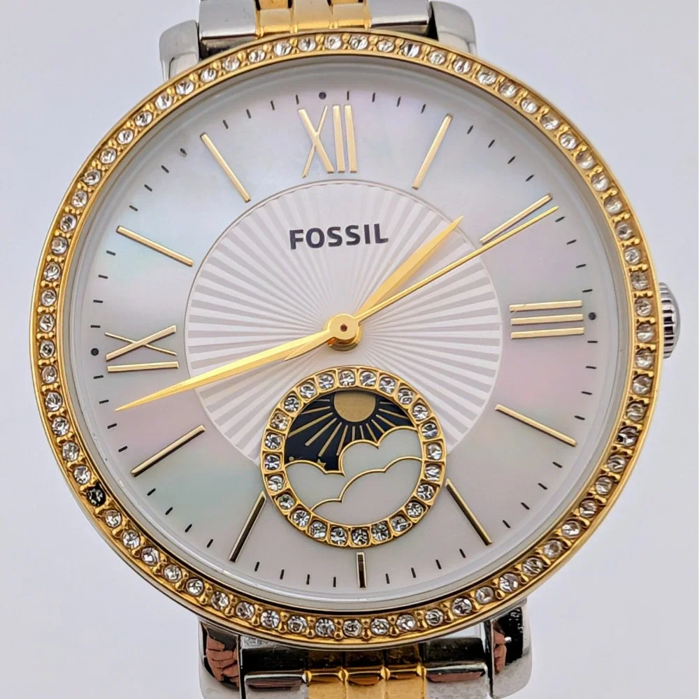 Fossil Jacqueline ES5166 Women's Watch Sun Moon MOP Dial Crystal Bezel Two-Tone